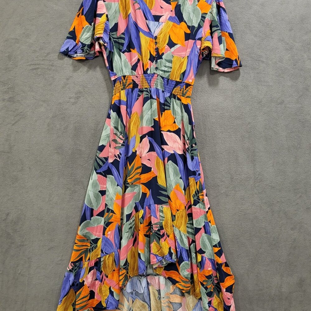 Abel The‎ Label Smocked Midi Dress Womens Size M Island Tropical Vacation Artsy